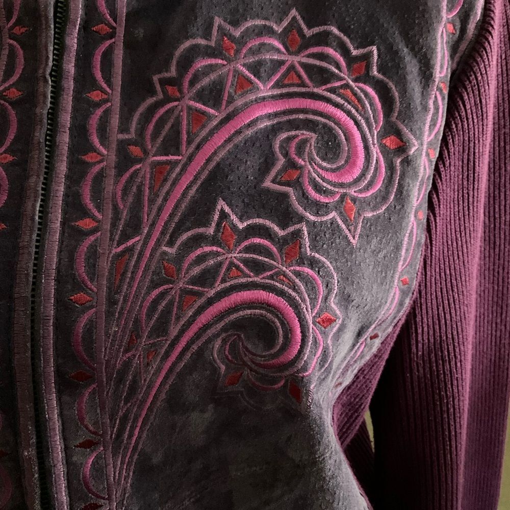Bob Mackie Wearable Art Purple Embroidered Suede sweater jacket Large - Picture 2 of 7